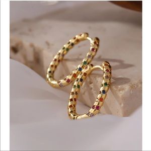Anthro NEW 18K Gold Plated Multi Color Gemstone Oval Hoop Earrings